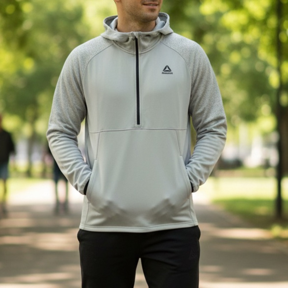 Reebok Men’s Half-Zip Hoodie - Lightweight Performance Fleece - Gray/Black - 3XL